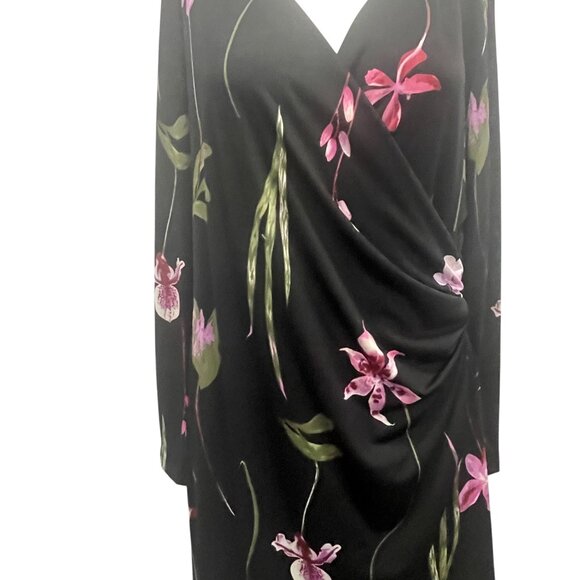 LORI M Black Floral Faux Wrap Midi Dress Long Sleeve V-Neck Orchid Print XL - Picture 4 of 6